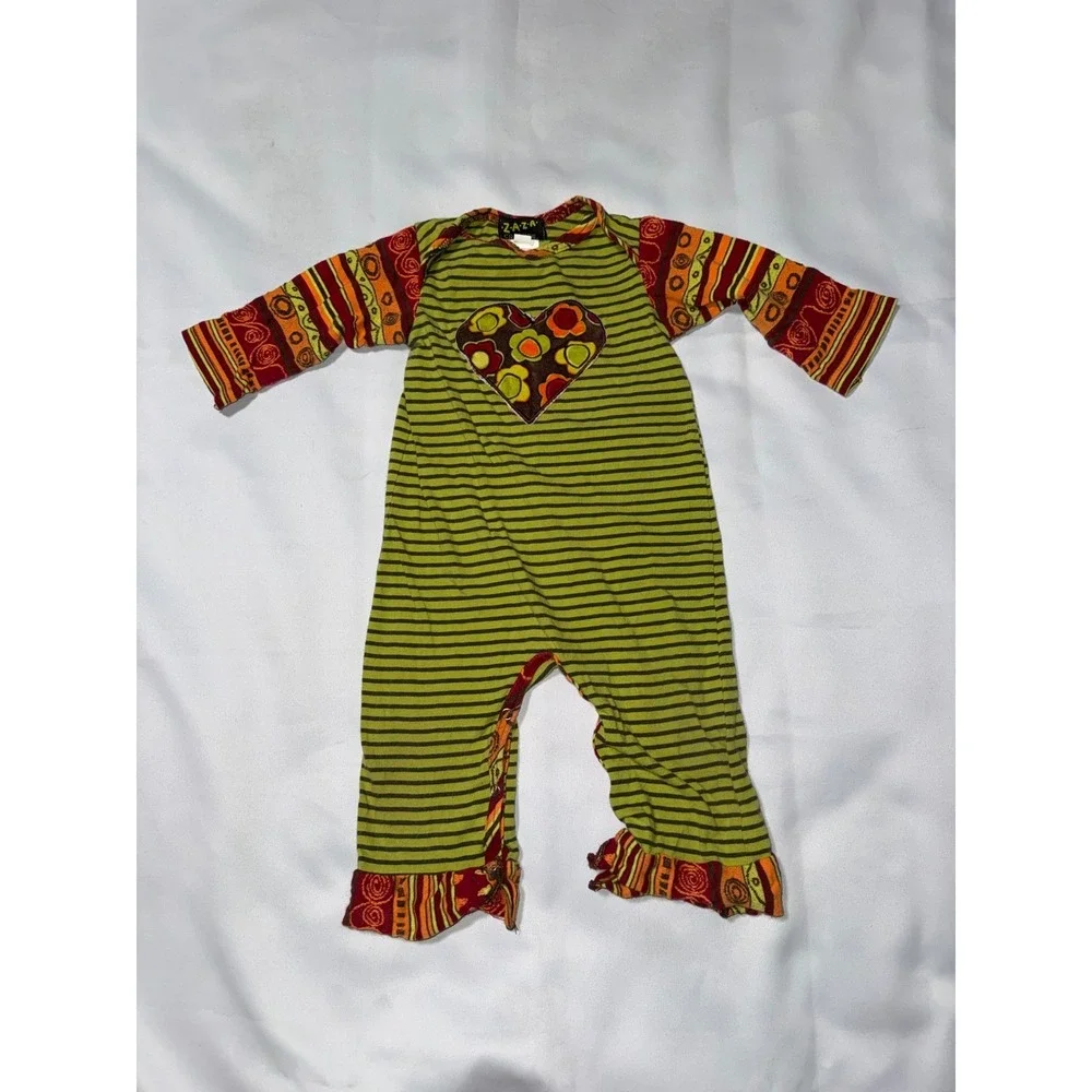Zaza Couture Baby Girls Green Striped Heart Boho Romper One Piece 18 Months‎